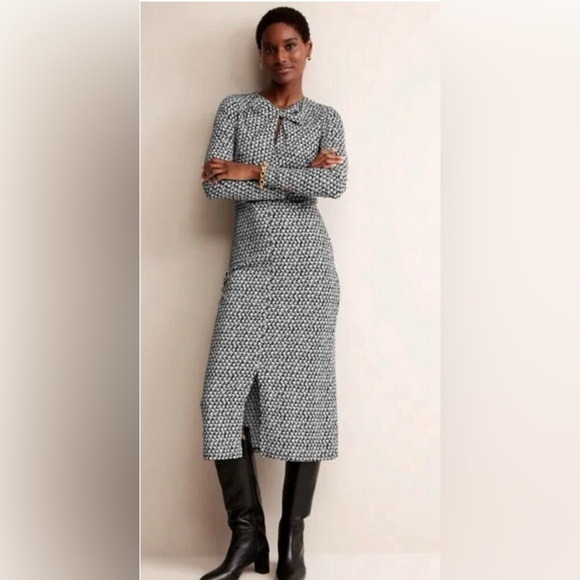 Boden Empire Knot Midi Jersey Dress Stretch Black Lily Sprig Long Sleeve 12P - Picture 8 of 8